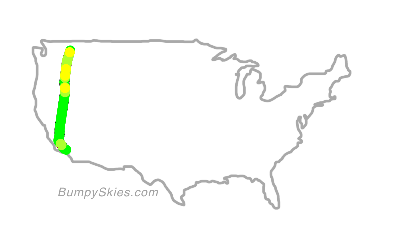 Map of continental US with illustrated flight path and turbulence forecast (described in text below)