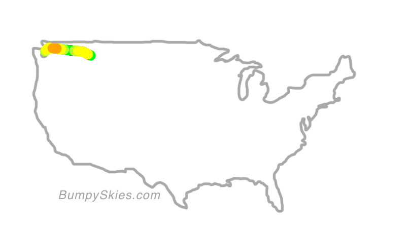 Map of continental US with illustrated flight path and turbulence forecast (described in text below)