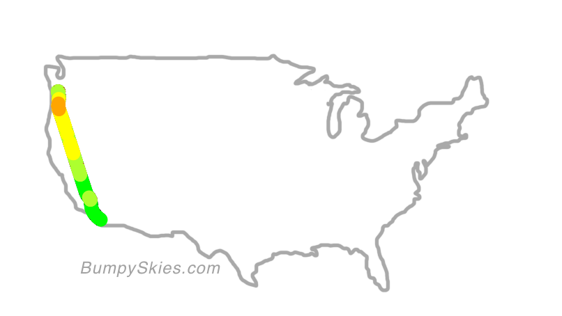 Map of continental US with illustrated flight path and turbulence forecast (described in text below)