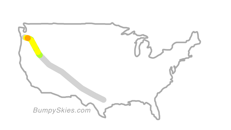 Map of continental US with illustrated flight path and turbulence forecast (described in text below)