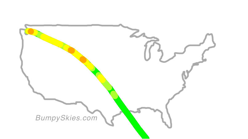 Map of continental US with illustrated flight path and turbulence forecast (described in text below)