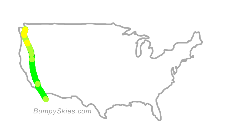 Map of continental US with illustrated flight path and turbulence forecast (described in text below)