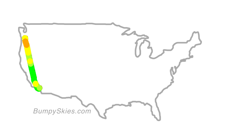 Map of continental US with illustrated flight path and turbulence forecast (described in text below)