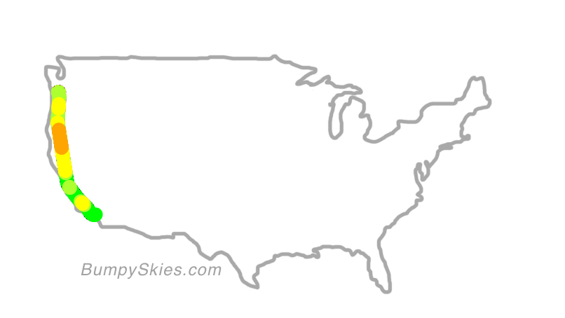 Map of continental US with illustrated flight path and turbulence forecast (described in text below)