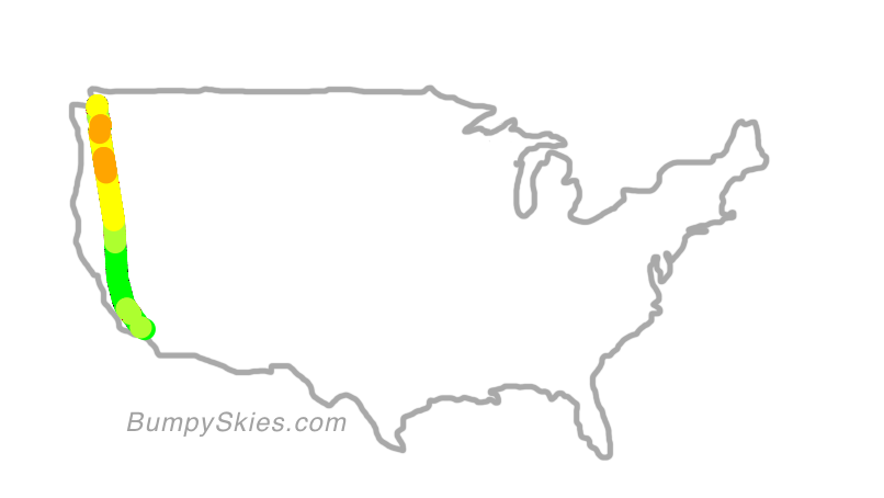 Map of continental US with illustrated flight path and turbulence forecast (described in text below)