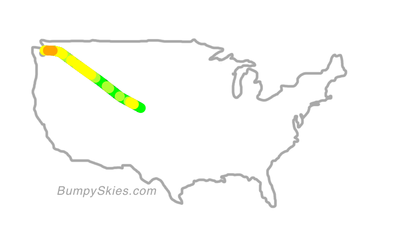 Map of continental US with illustrated flight path and turbulence forecast (described in text below)