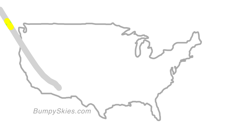 Map of continental US with illustrated flight path and turbulence forecast (described in text below)