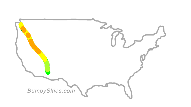 Map of continental US with illustrated flight path and turbulence forecast (described in text below)