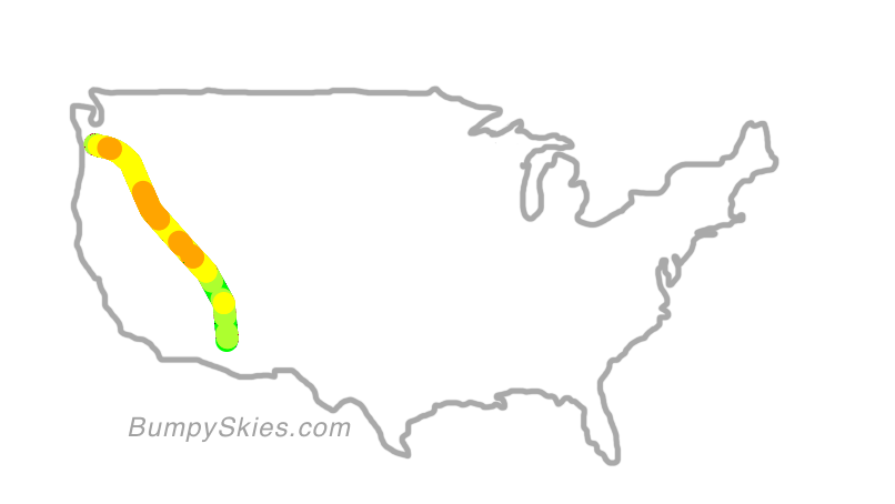 Map of continental US with illustrated flight path and turbulence forecast (described in text below)