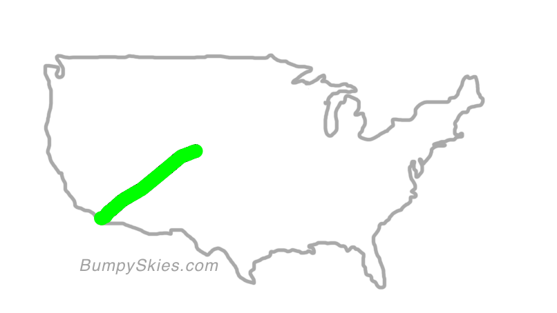 Map of continental US with illustrated flight path and turbulence forecast (described in text below)