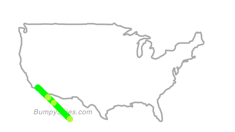 Map of continental US with illustrated flight path and turbulence forecast (described in text below)