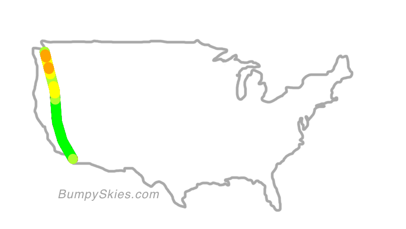 Map of continental US with illustrated flight path and turbulence forecast (described in text below)