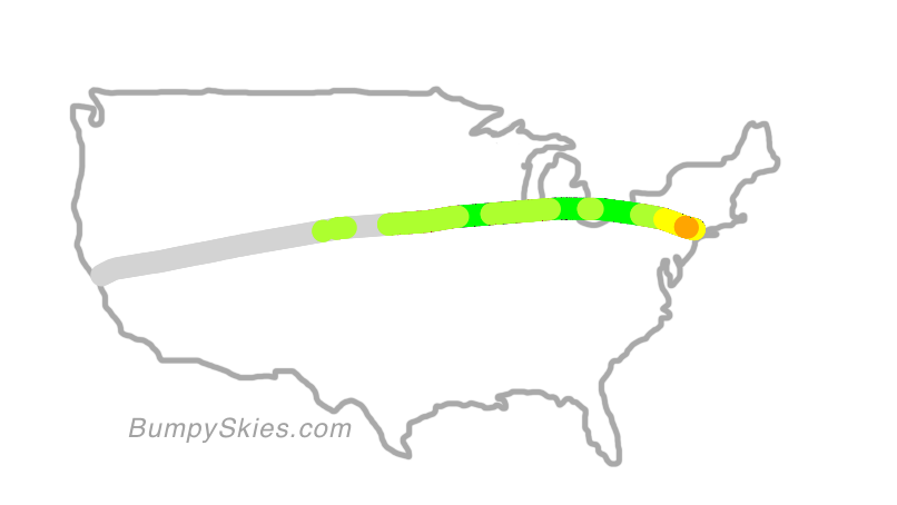 Map of continental US with illustrated flight path and turbulence forecast (described in text below)