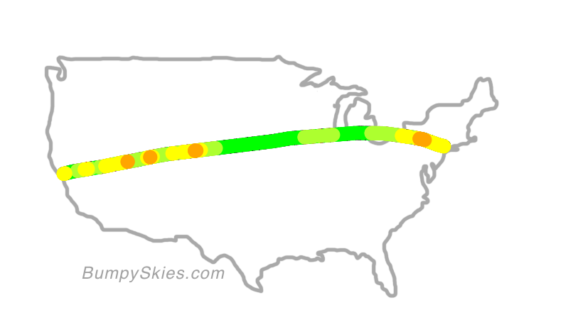 Map of continental US with illustrated flight path and turbulence forecast (described in text below)
