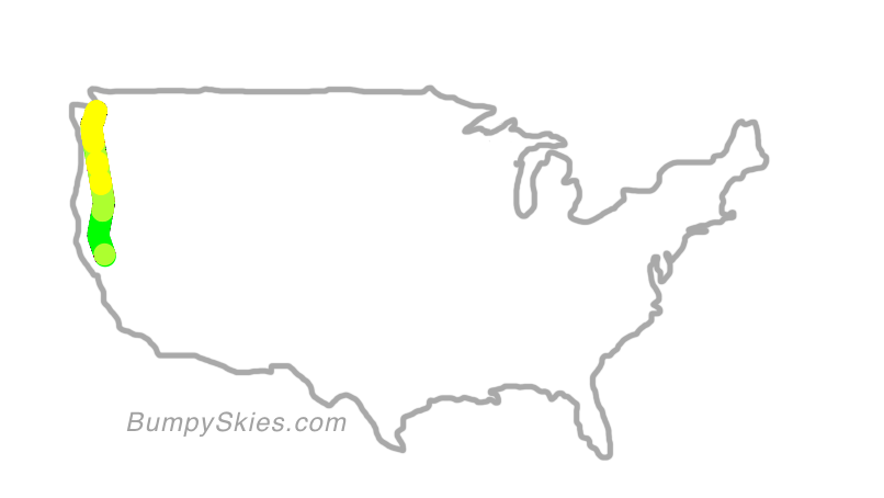 Map of continental US with illustrated flight path and turbulence forecast (described in text below)