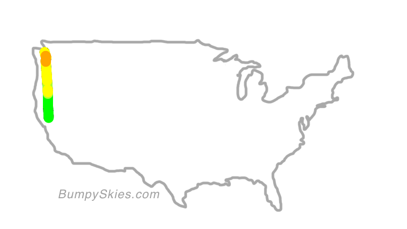 Map of continental US with illustrated flight path and turbulence forecast (described in text below)