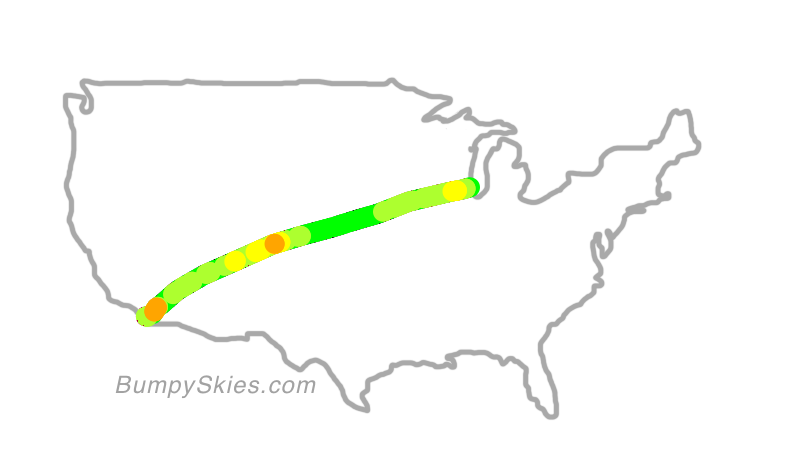 Map of continental US with illustrated flight path and turbulence forecast (described in text below)