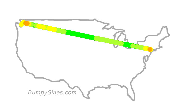 Map of continental US with illustrated flight path and turbulence forecast (described in text below)