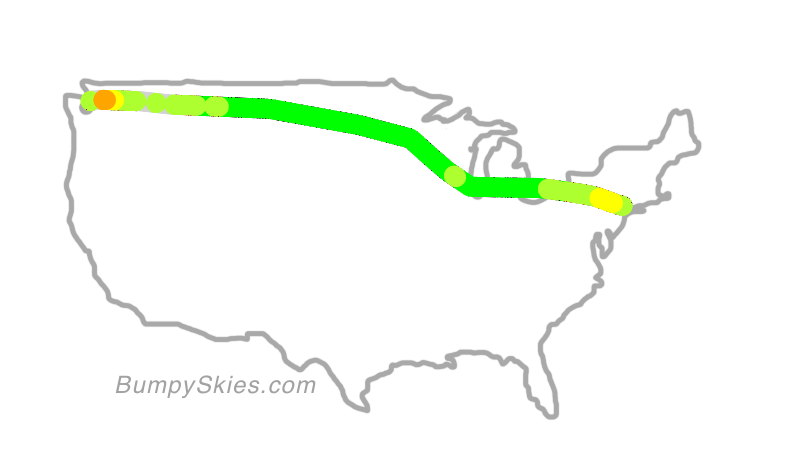 Map of continental US with illustrated flight path and turbulence forecast (described in text below)