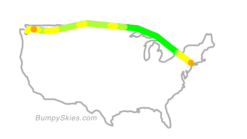 Map of continental US with illustrated flight path and turbulence forecast (described in text below)