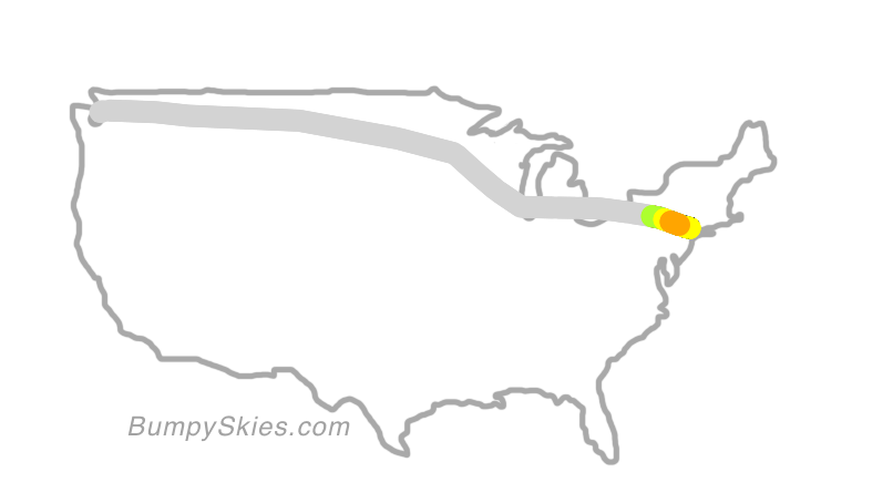 Map of continental US with illustrated flight path and turbulence forecast (described in text below)