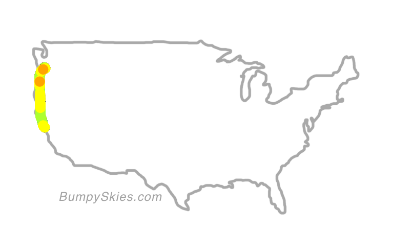 Map of continental US with illustrated flight path and turbulence forecast (described in text below)