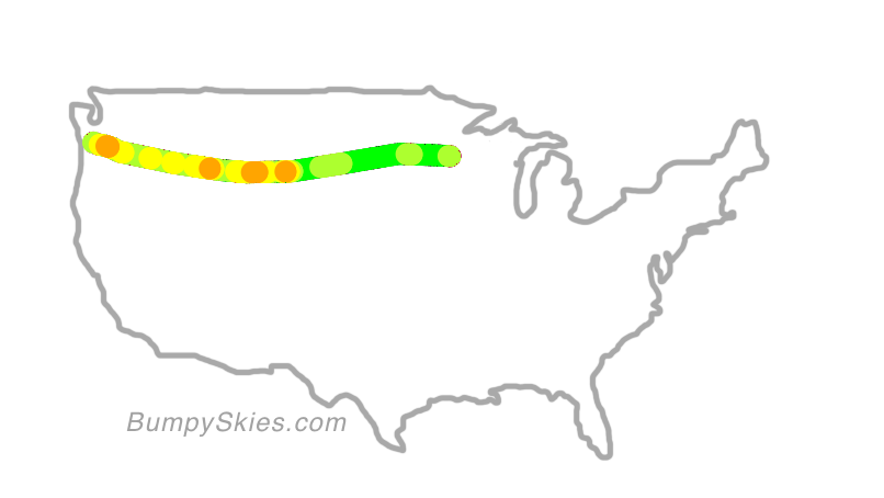 Map of continental US with illustrated flight path and turbulence forecast (described in text below)
