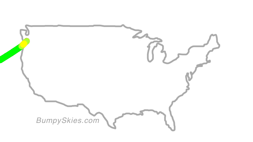 Map of continental US with illustrated flight path and turbulence forecast (described in text below)