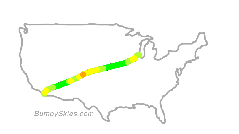 Map of continental US with illustrated flight path and turbulence forecast (described in text below)