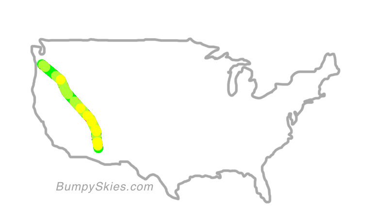 Map of continental US with illustrated flight path and turbulence forecast (described in text below)