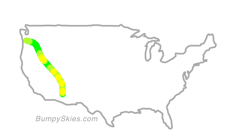Map of continental US with illustrated flight path and turbulence forecast (described in text below)