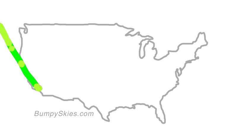 Map of continental US with illustrated flight path and turbulence forecast (described in text below)