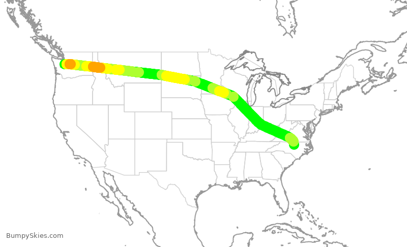 Turbulence forecast map for ASA1529, SEA to RDU