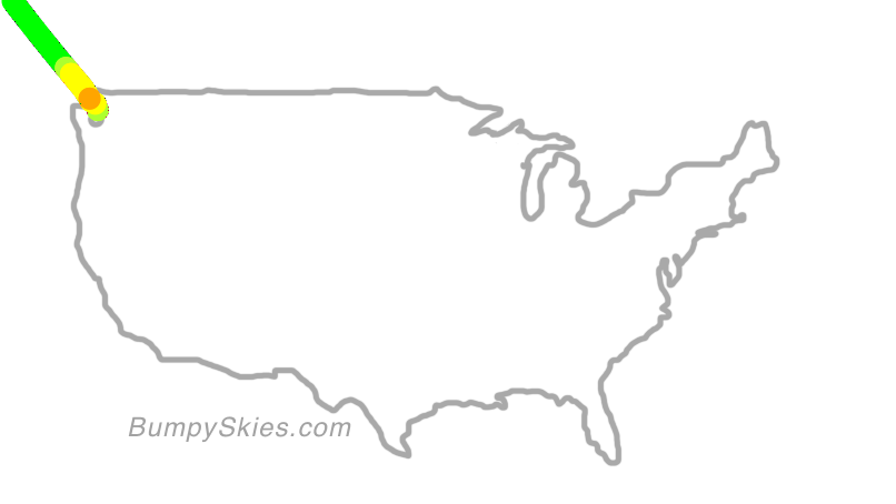 Map of continental US with illustrated flight path and turbulence forecast (described in text below)