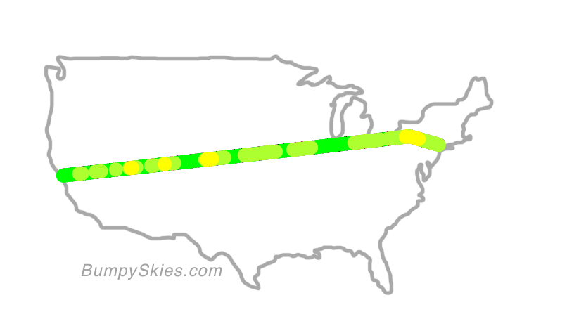 Map of continental US with illustrated flight path and turbulence forecast (described in text below)