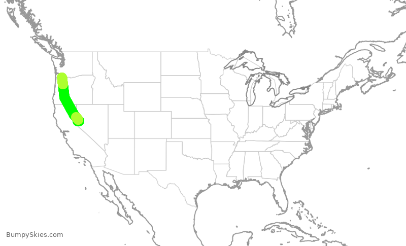 Turbulence forecast map for ASA1643, RNO to PDX