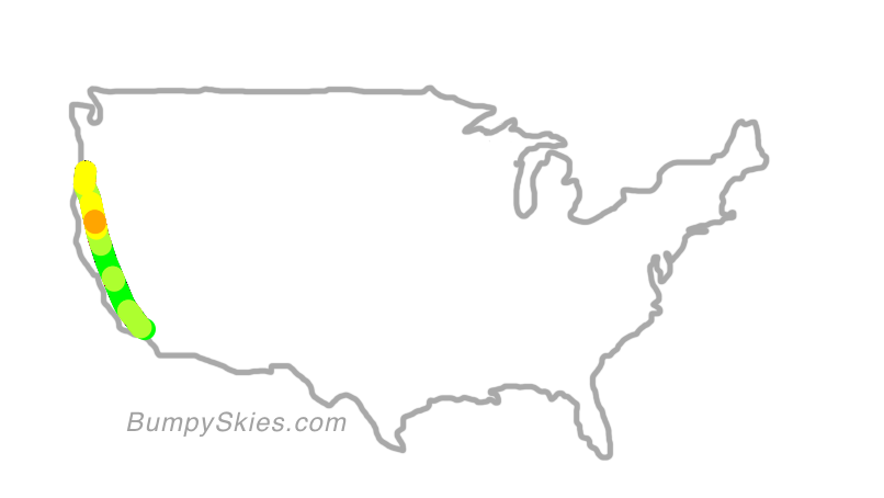 Map of continental US with illustrated flight path and turbulence forecast (described in text below)