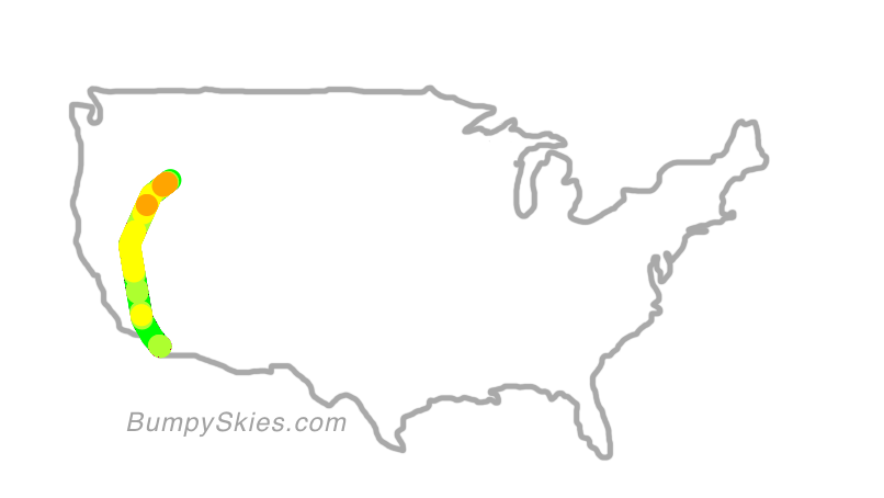 Map of continental US with illustrated flight path and turbulence forecast (described in text below)