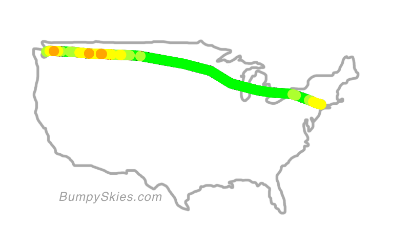 Map of continental US with illustrated flight path and turbulence forecast (described in text below)