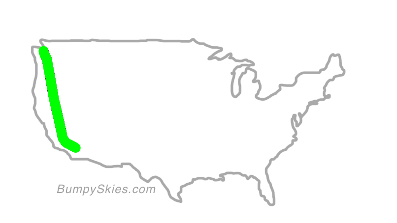 Map of continental US with illustrated flight path and turbulence forecast (described in text below)