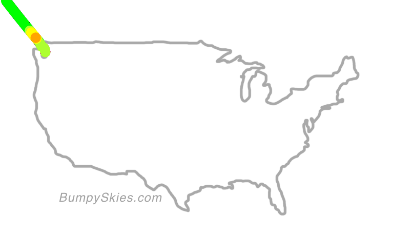 Map of continental US with illustrated flight path and turbulence forecast (described in text below)