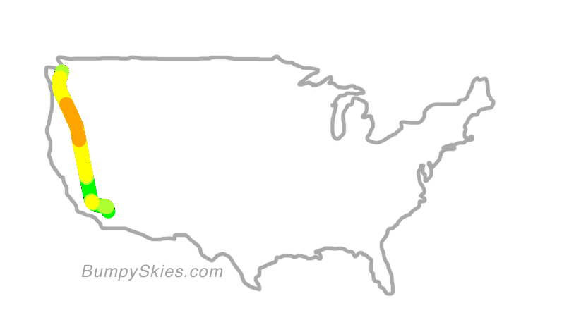 Map of continental US with illustrated flight path and turbulence forecast (described in text below)
