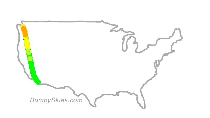Map of continental US with illustrated flight path and turbulence forecast (described in text below)