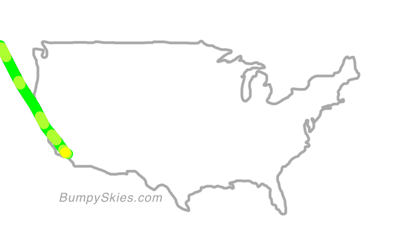 Map of continental US with illustrated flight path and turbulence forecast (described in text below)