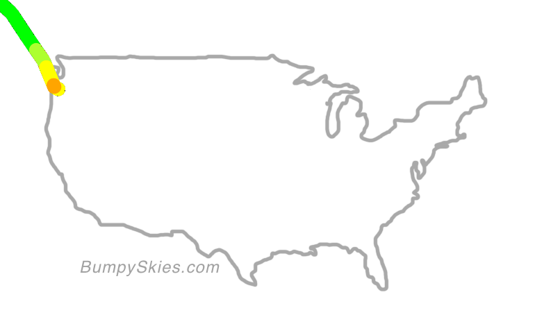 Map of continental US with illustrated flight path and turbulence forecast (described in text below)