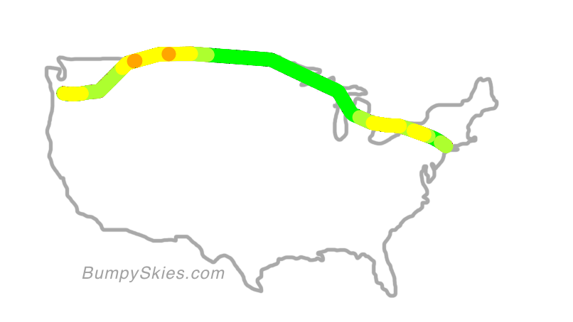 Map of continental US with illustrated flight path and turbulence forecast (described in text below)