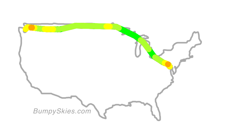 Map of continental US with illustrated flight path and turbulence forecast (described in text below)