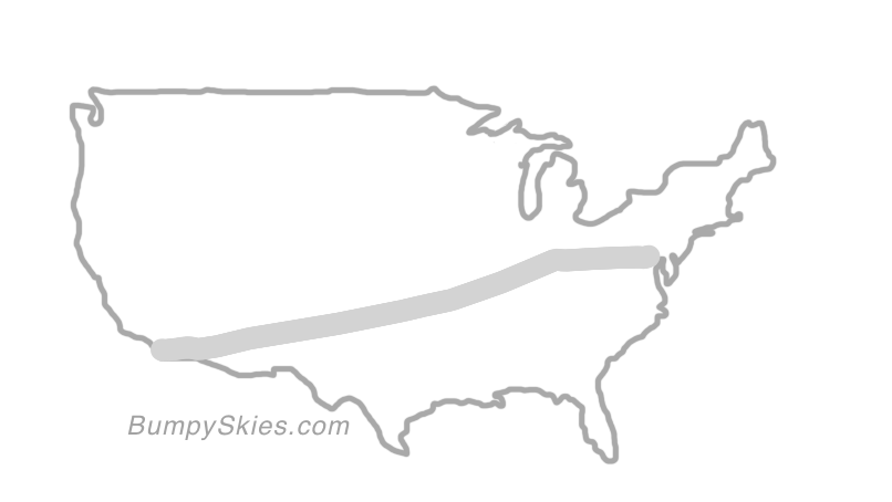 Map of continental US with illustrated flight path and turbulence forecast (described in text below)