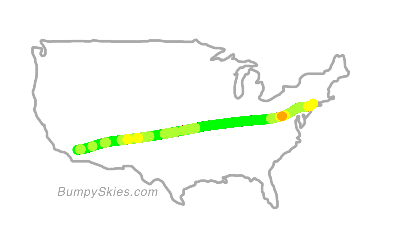 Map of continental US with illustrated flight path and turbulence forecast (described in text below)