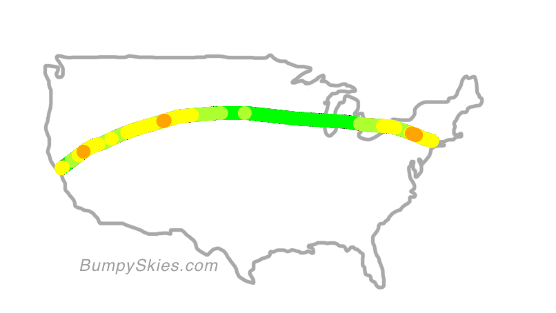 Map of continental US with illustrated flight path and turbulence forecast (described in text below)